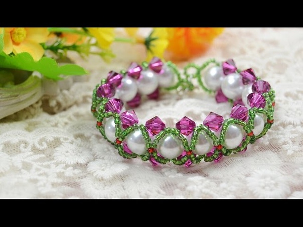 How to Make Green Seed Bead Braided Bracelet with White Pearl and Fuchsia Crystal
